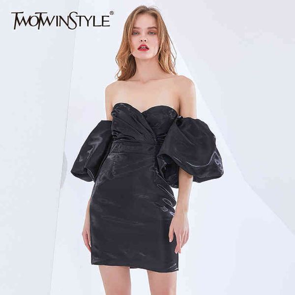 

elegant pink dress for women slash neck puff sleeve high waist off shoulder slim dresses female fashion clothes 210423, Black;gray
