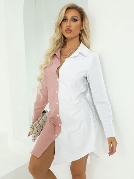 

color-block button up shirt dress w04g#, Black;gray