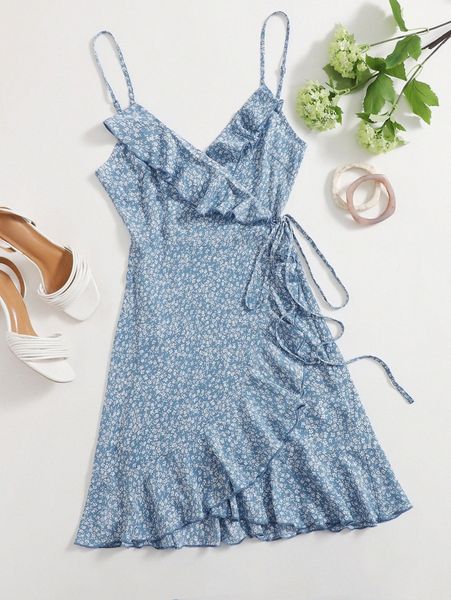 

ditsy floral ruffle trim wrap dress 59d5#, Black;gray