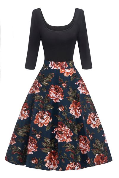 Mulheres Retro Dress Vintage 50s 60s Três quartos de manga Floral Midi Rockabilly Party Vestedos Vintage FS2727