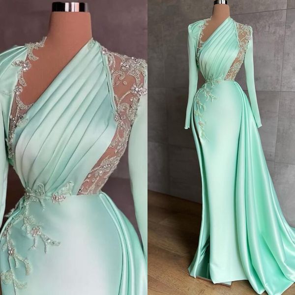 Menta Vestidos de Noite Verde para Mulheres 2022 Laço Elegante Beading Beading Sereia Vestidos De Prom Side Split Placas Vestido de Novia