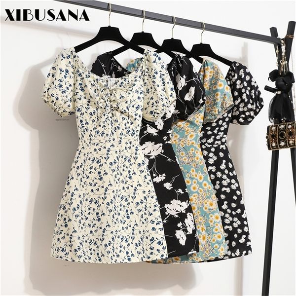 Женские мини -сексуальные платья Summer Beach Floral Print Shirring Плиссированное элегантное короткое платье с легким пухлым рукавом Корея Женщина Вестидо 220613