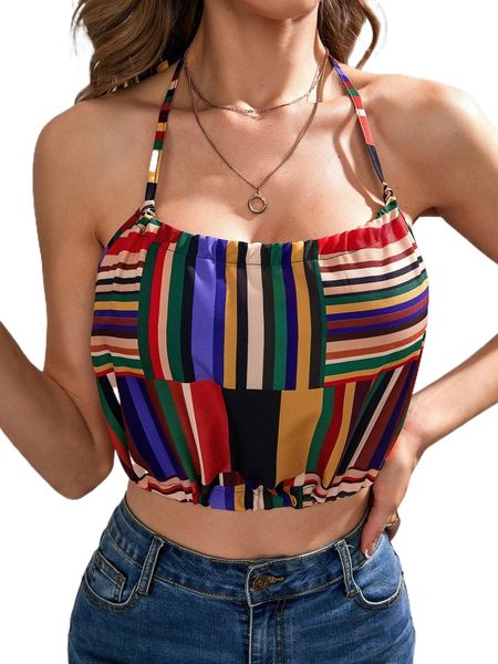

block striped tie backless halter m4os#, White