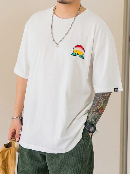 

extended sizes men peach print patched tee d883#, White;black