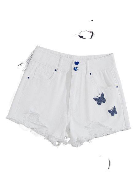 

butterfly embroidery raw hem shorts j2pm#, White;black