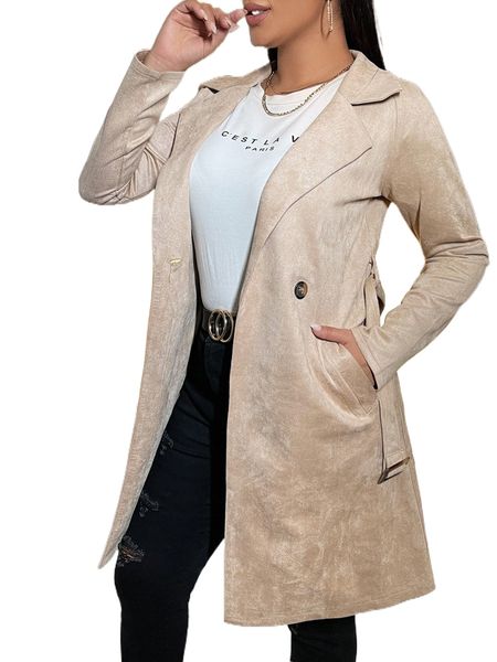 

sxy double button lapel collar belted suede coat q8y2#, Black