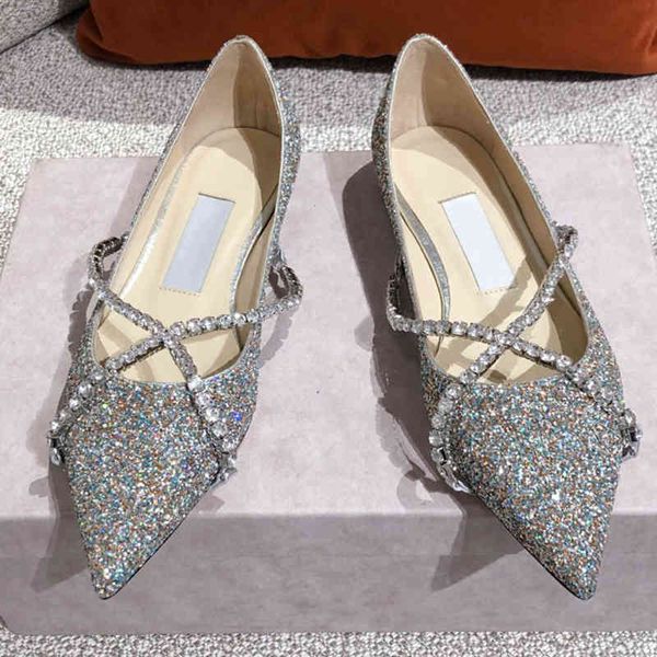 

sandals spring and summer pointed sequin shallow flat shoes crystal chain bridesmaid banquet bride wedding women, Black
