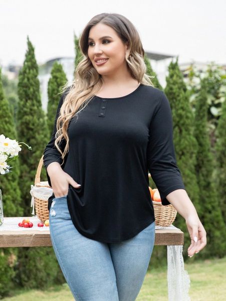 

aamilife plus button front curved hem tee m6if#, Black