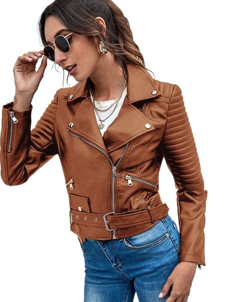 

lapel collar belted zip up pu biker jacket h9yl#, Black;brown