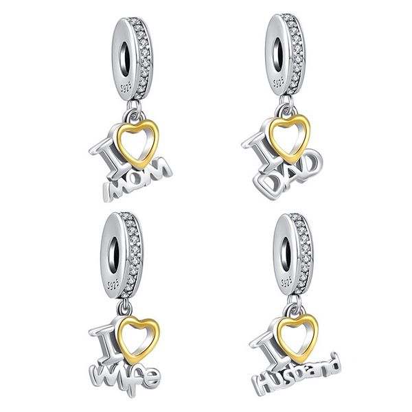 

925 sterling silver i love mom dad wife husband pendant charm bead fit original pandora bracelet necklace for women diy jewelry accessories, Black