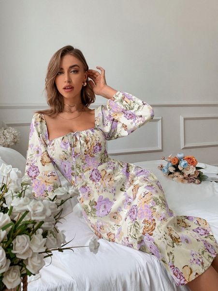 

floral print shirred back bishop sleeve dress r2qw#, Black;gray