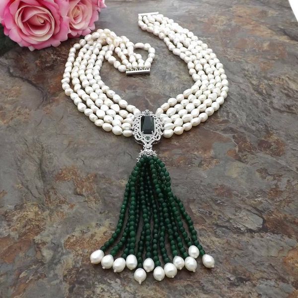 

20&quot 5strands white freshwater baroque pearl green jade necklace zircon pendant, Silver