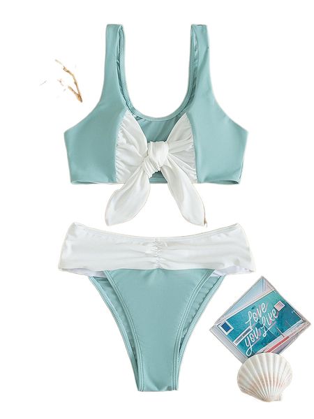 

colorblock ruched knot front bikini swimsuit y9bu#, White;black