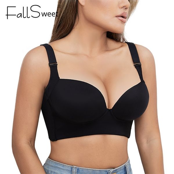 

fallsweet plus size bras women hide back fat underwear shpaer incorporated full back coverage deep cup push up bra lingrie 220519, Red;black