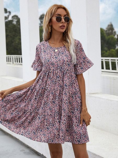 

allover print ruffle smock dress y8fm#, Black;gray