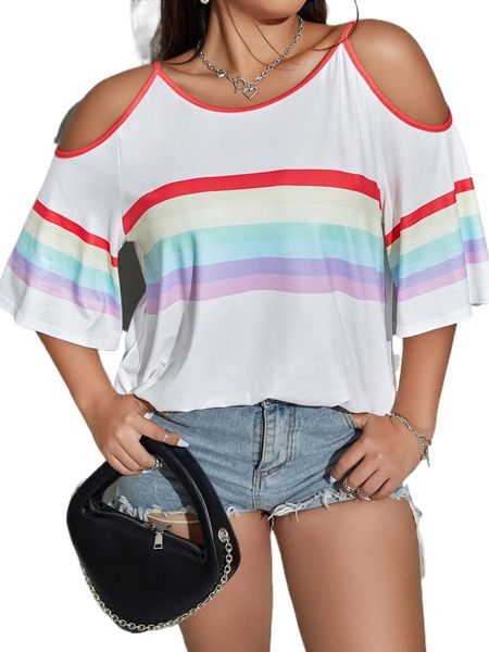 

plus colorful striped contrast binding cold shoulder tee h3t4#, Black