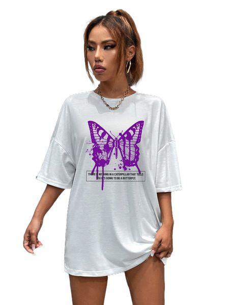 

slogan & butterfly print drop shoulder tee m6hw#, White