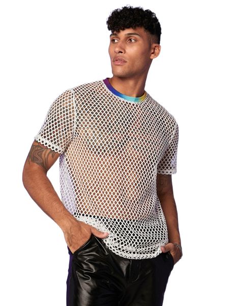 

men contrast trim fishnet mesh 54da#, White;black