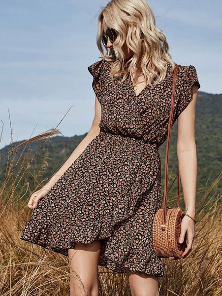 

ditsy floral ruffle hem wrap dress 05ks#, Black;gray