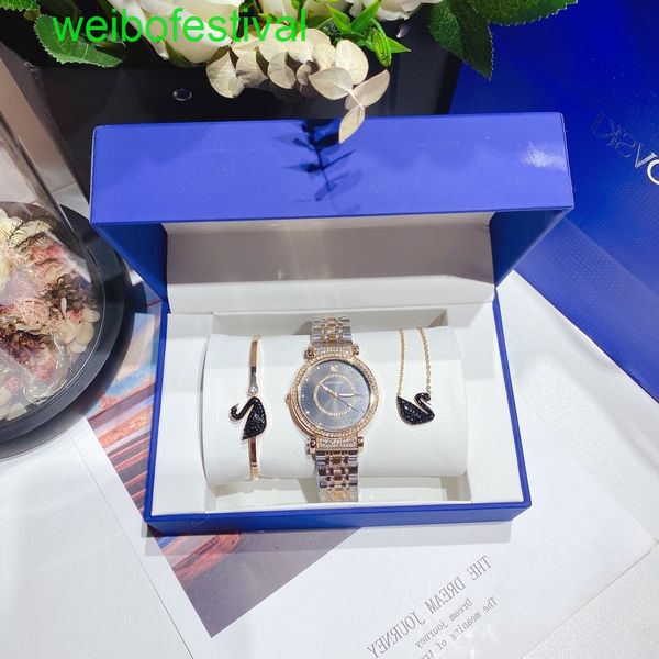 

sw classic ladi quartz movement watch little swan bracelet necklace three-piece box solid steel band gift high-end preferred aaa grade bcs, Slivery;brown