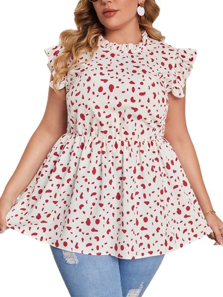 

plus all over print ruffle trim peplum blouse w1jc#, Black