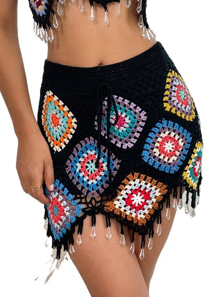 

scarf pattern beaded fringe trim tie front knit skirt p1iv#, White;black