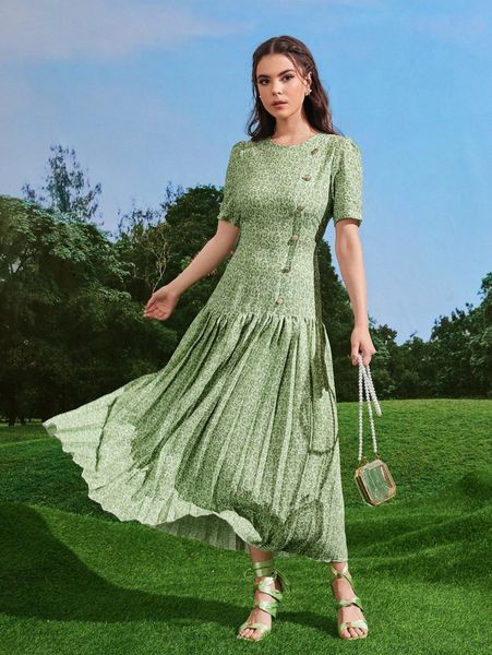 

allover floral puff sleeve pleated hem dress h0cf#, Black;gray