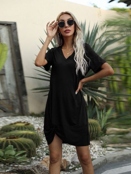 

twist front tee dress 59e2#, Black;gray