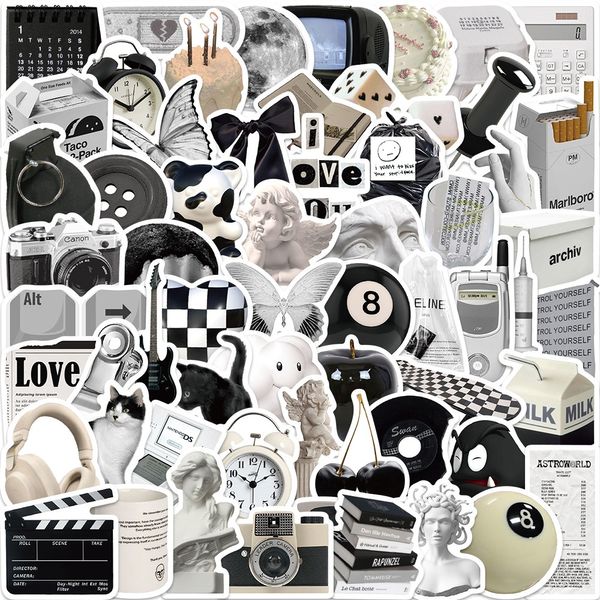 61pcs Retro Black and White Stickers Cool Style Contrated Style Steam Wave Graffits Stickers para Lapgo de Bagagem Diy Adesivo de bicicleta de skateboard de skate