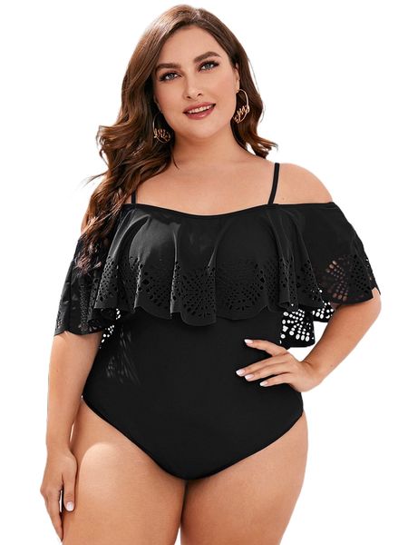 

plus ruffle trim off the shoulder one piece swimsuit n1en#, White;black