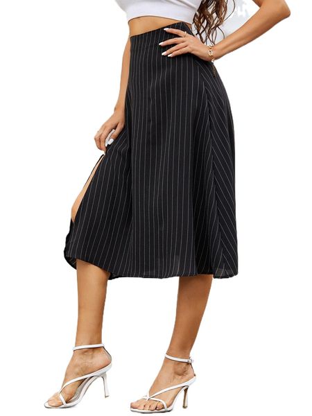 

vertical striped split hem skirt l0he#, Black