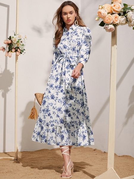 

floral print belted ruffle hem shirt dress v2wn#, Black;gray