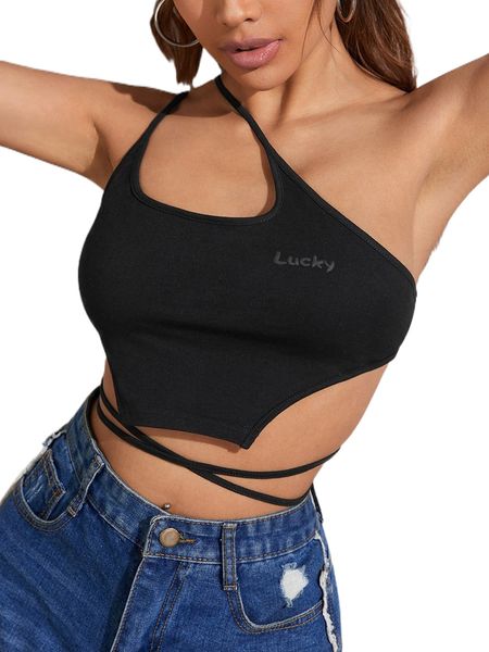 

letter graphic one shoulder tie back p2dj#, White