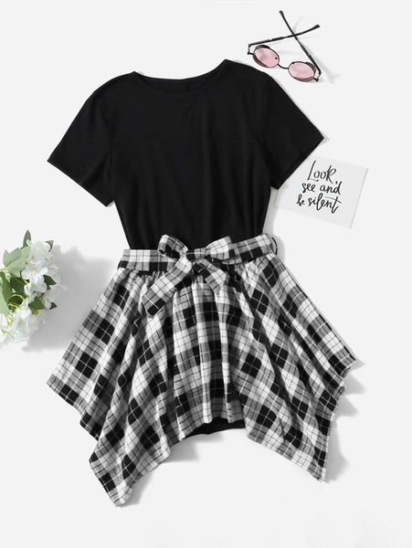 

girls solid tee & plaid belted asymmetrical skirt she, White