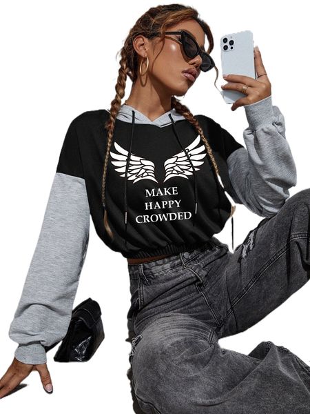 

wing & slogan print color block drawstring hoodie j5he#, Black