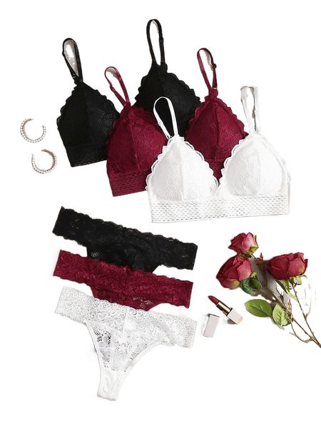 

3sets floral lace lingerie set s5pq#, Black;red