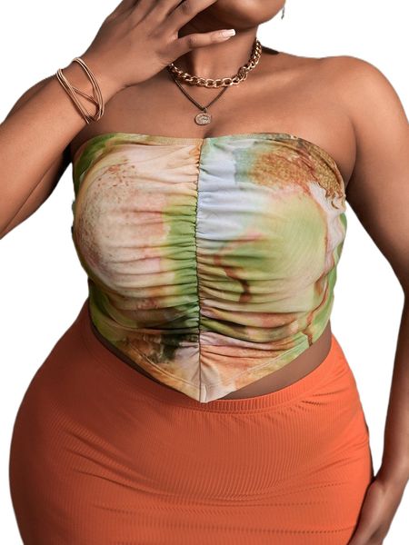 

sxy plus tie dye ruched hanky hem mesh tube a34d#, Black