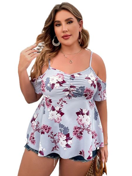 

plus floral ruched bust cold shoulder blouse k81m#, Black