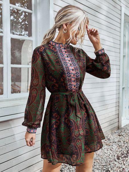 

floral & paisley print lantern sleeve belted chiffon dress t7lx#, Black;gray