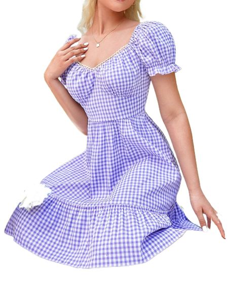 

gingham puff sleeve sweetheart neck ruffle hem dress x8vv#, Black;gray