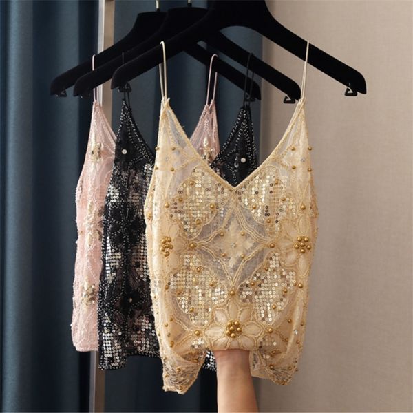 

hollow out women lace camis bead work women tanks bling gold sequins camis 220519, White