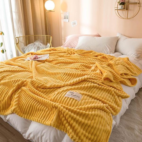 Decken Evich für Betten, solide gelbe Farbe, weich, warm, 300 g/m², karierte quadratische Flanelldecke auf dem Bett, dicke Überwurf