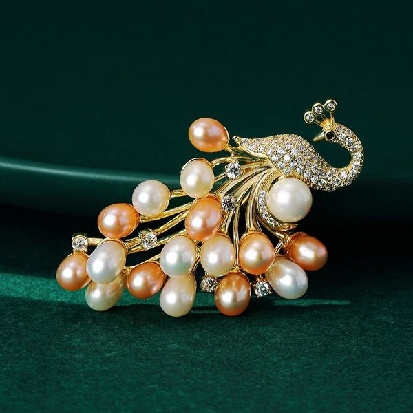 

luxury natural freshwater pearl phoenix brooch pin vintage cubic zircon peacock brooches accessories for women mother's day gift, Gray
