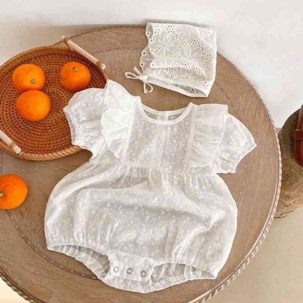 Neugeborene Kinder Strampler Baby Mädchen Playsuits Taufe Weiß Rüschen Gestickte Overalls Sunsuit Outfits Baby Sommer Kleidung G220510