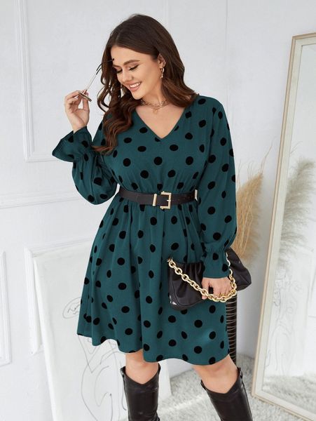 

plus polka dot flounce sleeve dress without belt j1ir#, Black