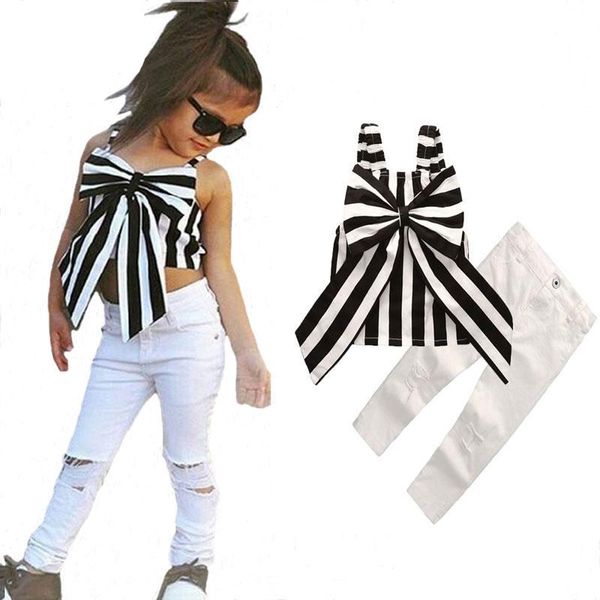 

clothing sets girl's suit ins fashionable suspender pants 2-piece set striped big bow ripped children's fashion girl, White