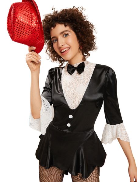 

contrast lace flounce sleeve bow front peplum satin blouse s456#, White
