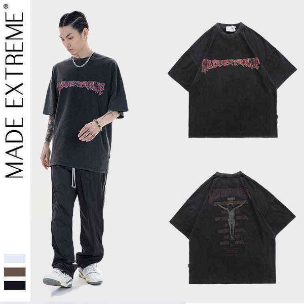 

madeextreme street spring and summer dark print t-shirt worn out washed old men's women's short sleeves, White;black