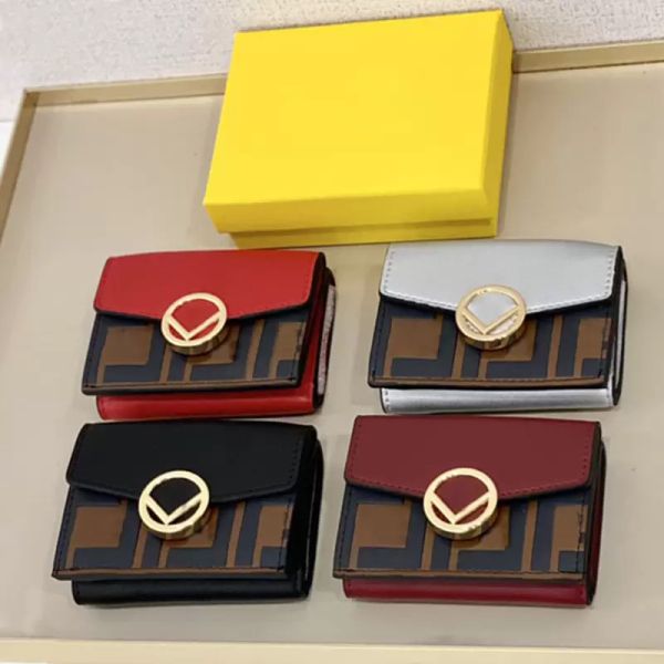 

gusseted leather card holder central compartment five credit slots flat brown leather wallet f logo pouches, Red;black