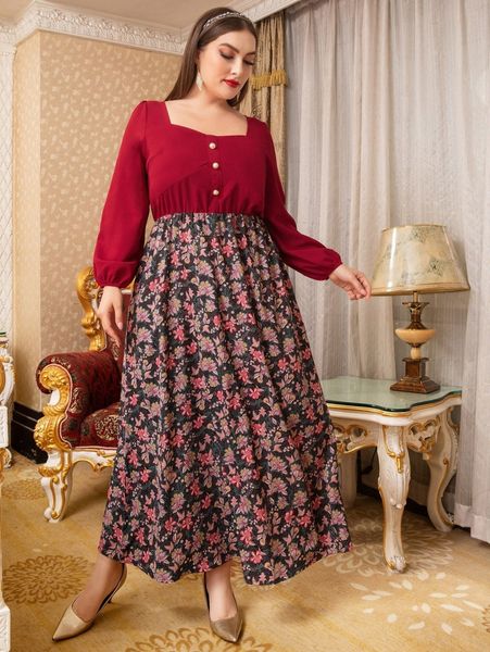 

plus floral print lantern sleeve dress q2uf#, Black